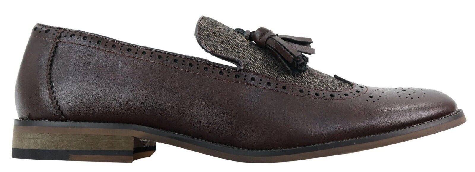 Mens Tasselled Brown Leather Tweed Brogue Slip On Loafers