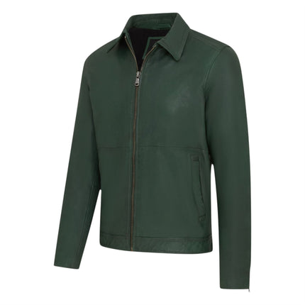 Mens Leather Green Harrington Collar Biker Jacket - Alpha