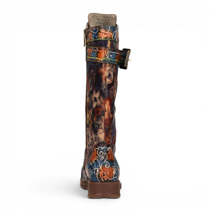 Laura Vita Women's Blue Floral Victorian Leather High Combat Long Boots - Anitao-21