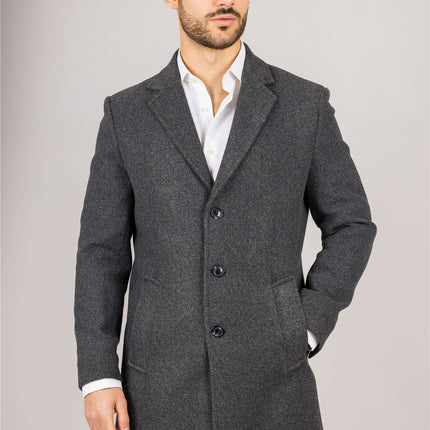 Men's Notched Lapel Collar Wool Blend Grey Overcoat