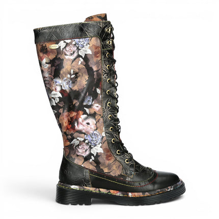 Laura Vita Women's Maroon Gothic Victorian Floral Black Leather Knee-High Lace-Up Boots - Incaso-50