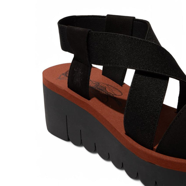 Fly London Women's Yabi922Fly Black Brick Cupido Leather Wedge Sandals