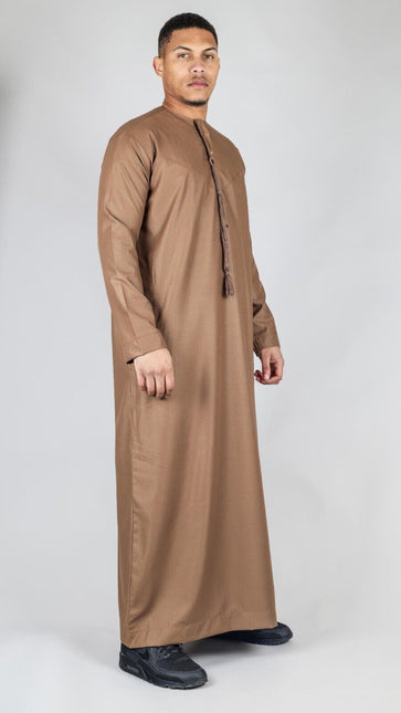 Men's Brown Thobe Emirati Islamic Jubba Robe Eid Tassel Regular Fit