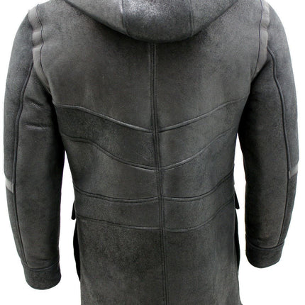 Mens Winter Sheepskin Leather Hooded Duffle Coat-Montpellier