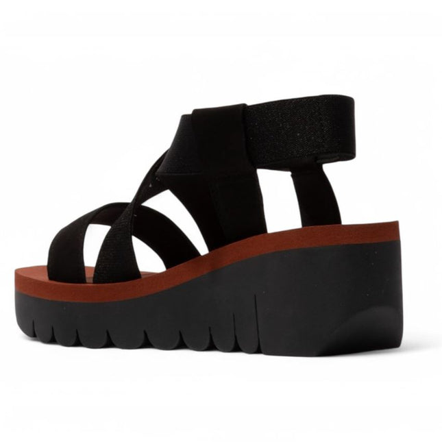 Fly London Women's Yabi922Fly Black Brick Cupido Leather Wedge Sandals