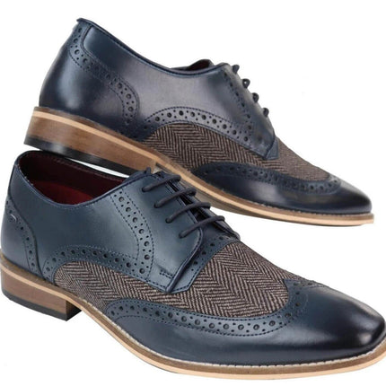 Mens Classic Oxford Navy Brogue Derby Shoes In Tan Leather