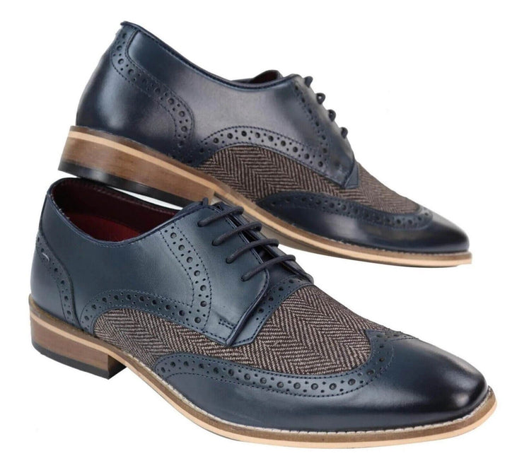 Mens Classic Oxford Navy Brogue Derby Shoes In Tan Leather