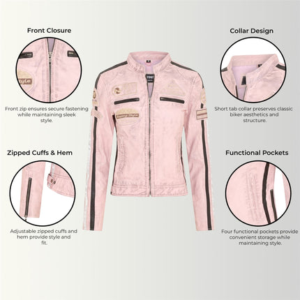 Womens Biker Racing Badges Pink Leather Jacket-Eastleigh
