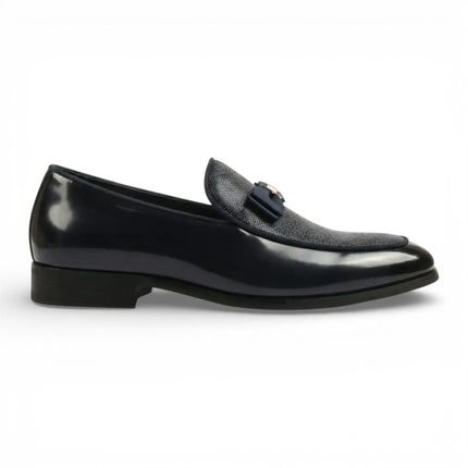 Mens Black Textured Front Iconic Buckle Bow Loafers Shoes