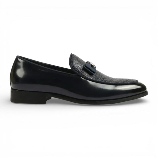 Mens Black Textured Front Iconic Buckle Bow Loafers Shoes