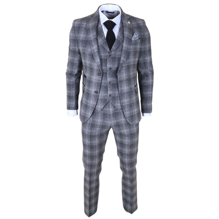Men's Formal Grey Tweed  3 Piece Check Vintage Gatsby Style Suit