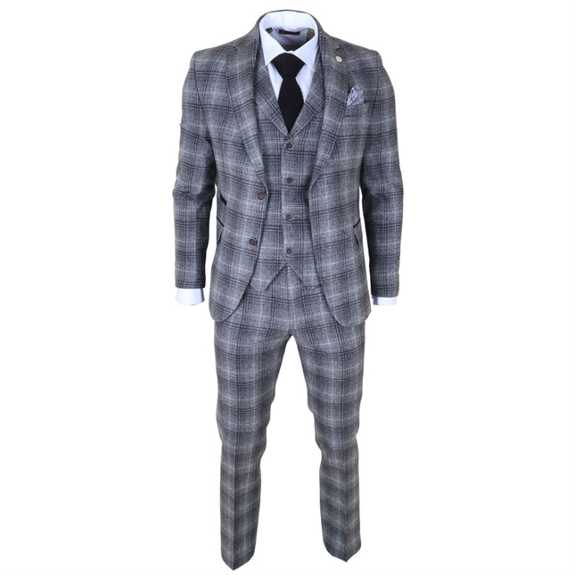 Men's Formal Grey Tweed  3 Piece Check Vintage Gatsby Style Suit