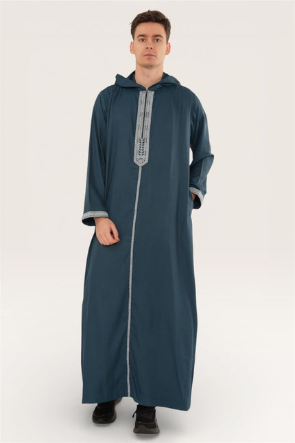 Men's Eid Aqua Green Hooded Moroccan Thobe Robe Djellaba Ramadan Jubba- HM3