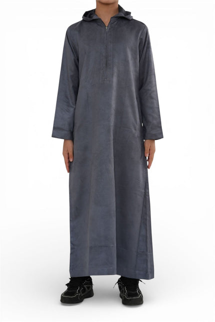 Kids Boys Hooded Eid Grey Moroccan Jubba Robe Ramadan Eid Thobe - K-HM12