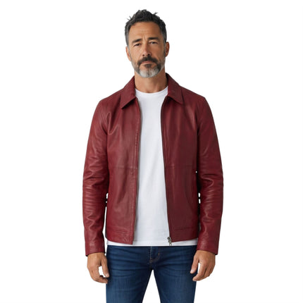 Mens Leather Red Harrington Collar Biker Jacket - Alpha