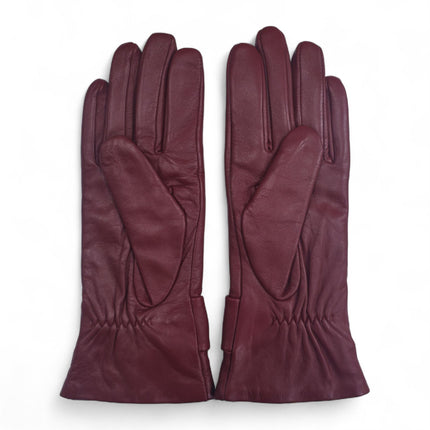 Womens Burgundy Red Italian Leather Winter Bow Design Soft Wool Lining Gloves - L-GLV-401