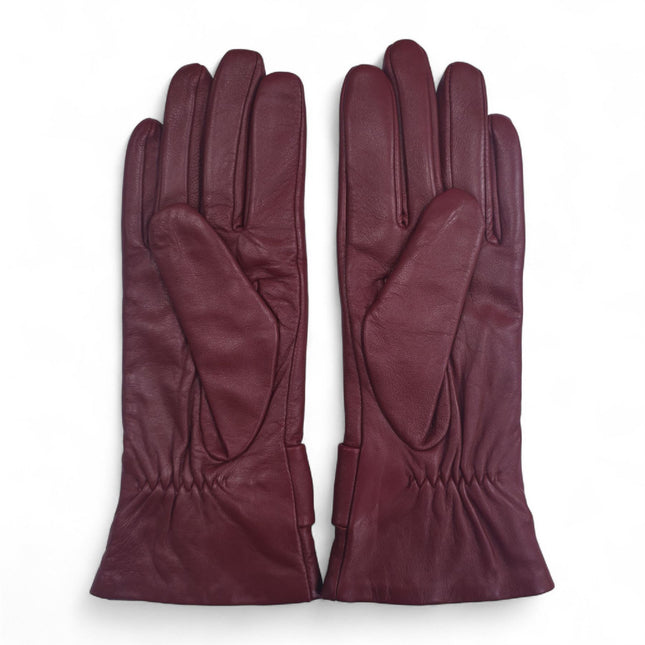 Womens Burgundy Red Italian Leather Winter Bow Design Soft Wool Lining Gloves - L-GLV-401