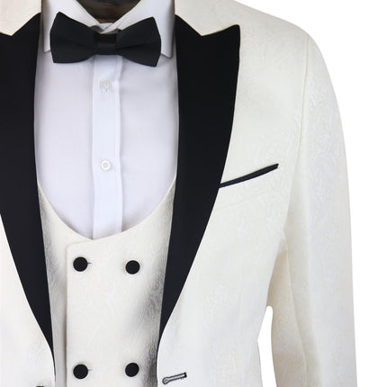 Mens Beige Tuxedo Blazer Waistcoat Brocade Ivory Satin Paisley Dinner Jacket
