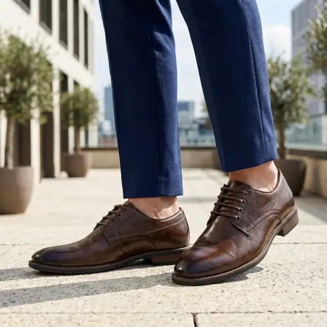 Men's Brown Classic Plain Toe Lace-Up Derby Oxford Formal Lace-Up Brogue Shoes