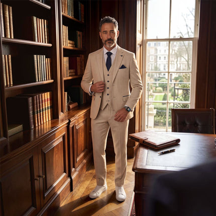 Men's Cream Checked Tailored Fit Suit - Regent