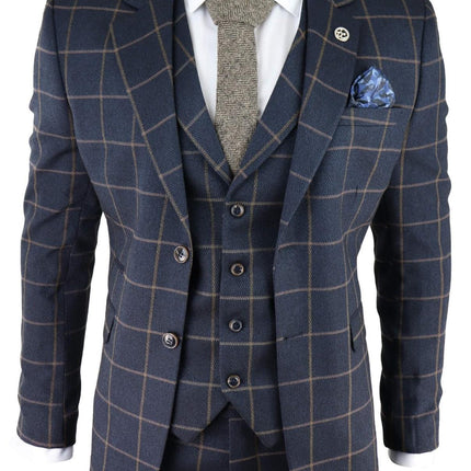 Mens Navy Blue Check 3 Piece Tweed Suit Peaky Blinders 1920s Gatsby Tailored Fit
