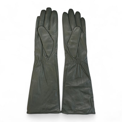 Womens Long Olive Green Italian Leather Winter Soft Wool Lining Gloves
