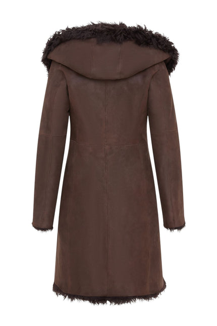 Womens Brown Toscana Sheepskin Leather Hooded Trench Coat - Coast