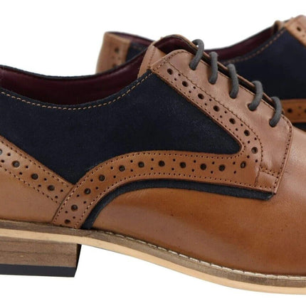 Mens Classic Navy Suede Oxford Brogue Derby Shoes In Tan Leather