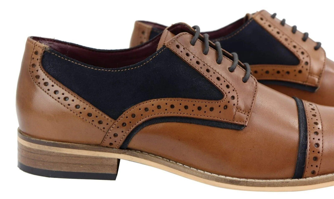 Mens Classic Navy Suede Oxford Brogue Derby Shoes In Tan Leather