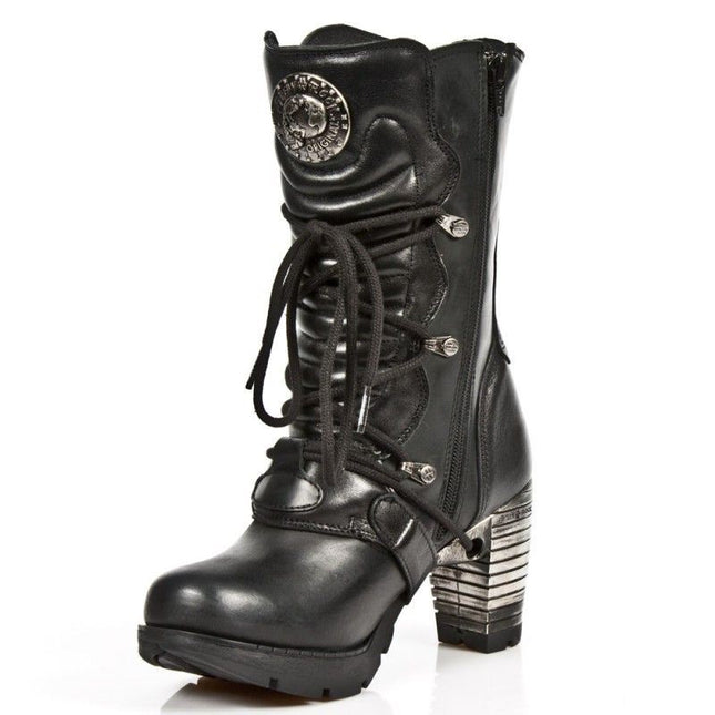 New Rock Ladies Black Leather Metallic Gothic Boots- Tr003-S1