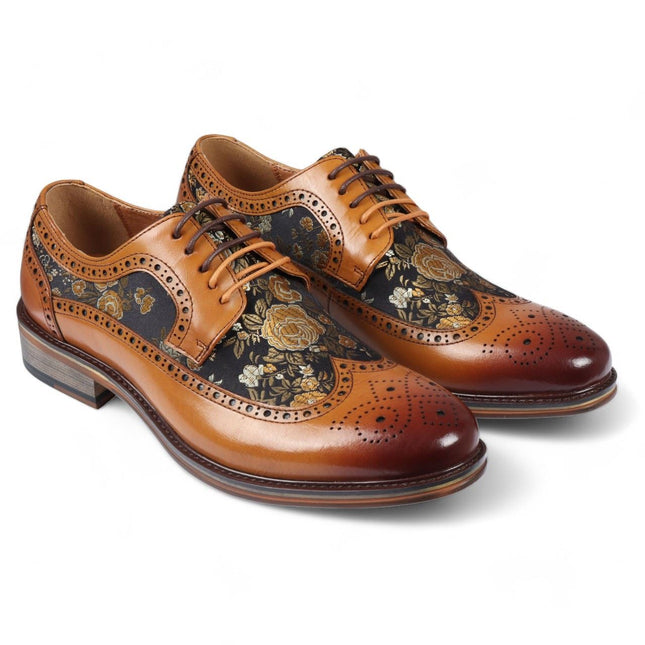 Justin Reess Men's Brown Leather Floral Print Brogue Dress Shoes - Ross