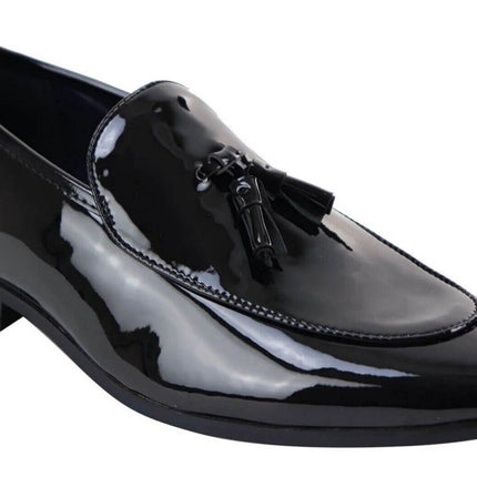 Mens Tasselled Black Patent Leather Slip On Loafers