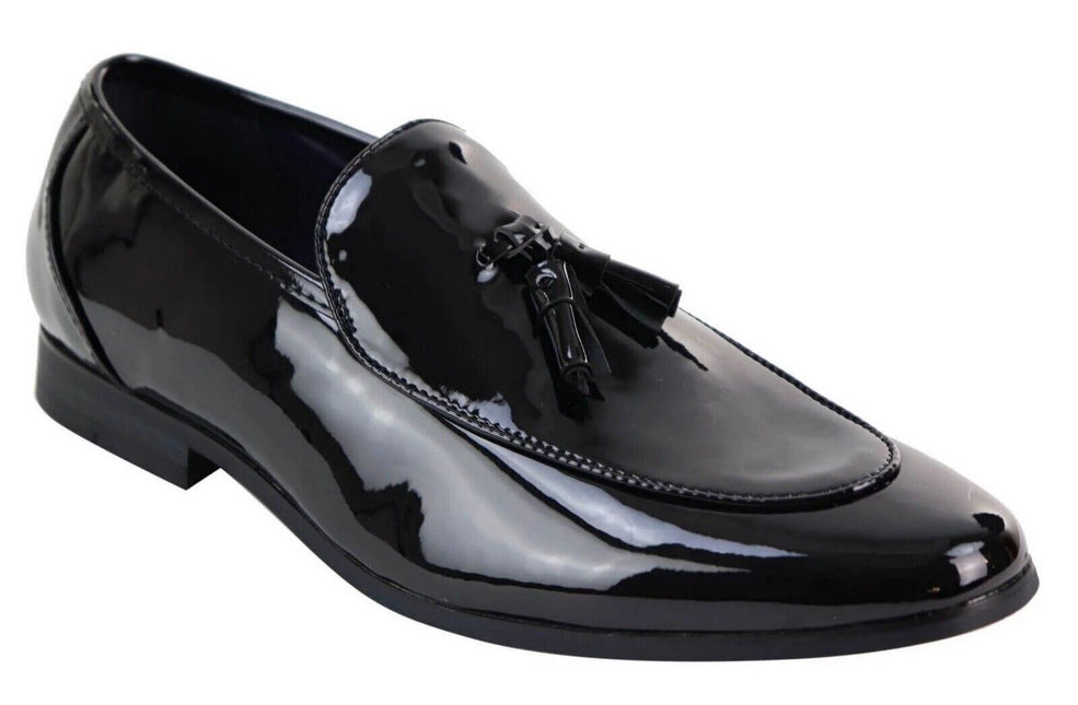 Mens Tasselled Black Patent Leather Slip On Loafers