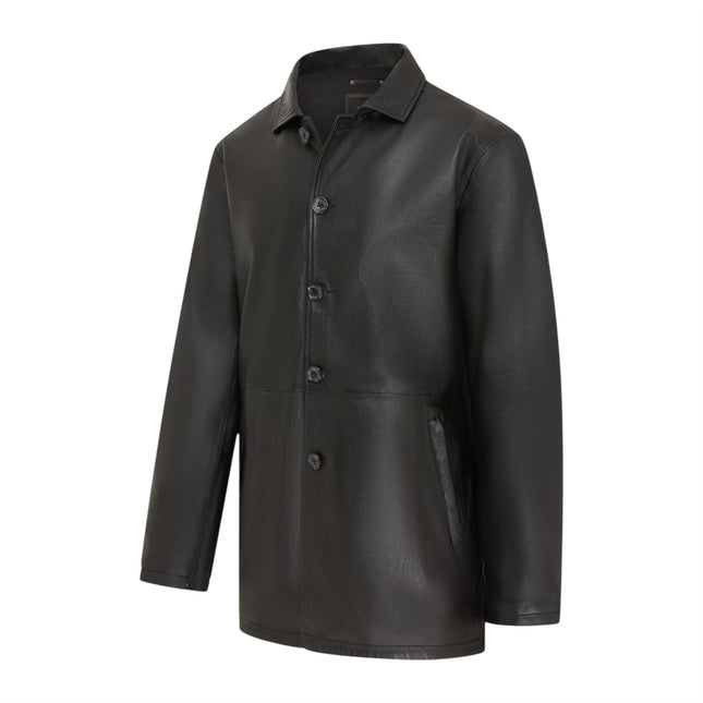 Men's Black Leather Long Collared Car Coat Jacket - Berry