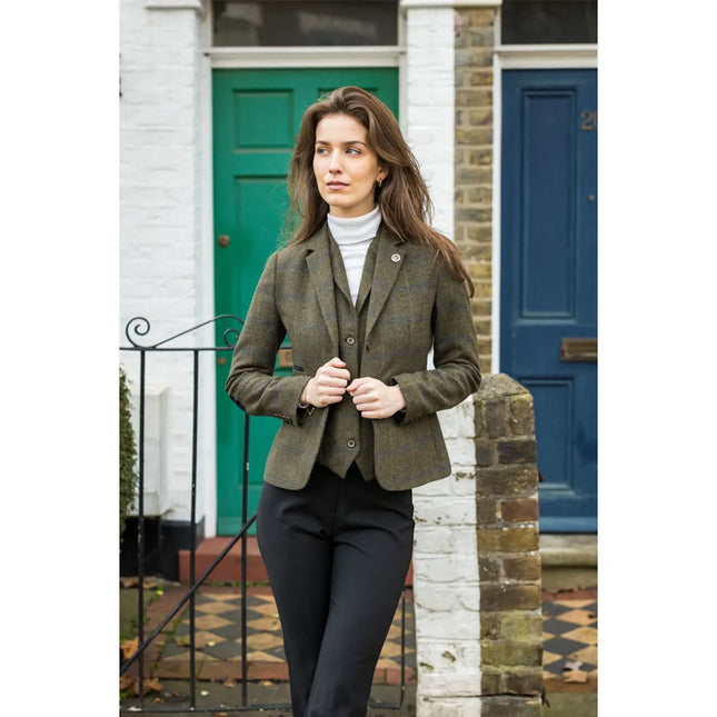 Women's Olive 2 Piece Set Tweed Blazer Waistcoat in Herringbone Check