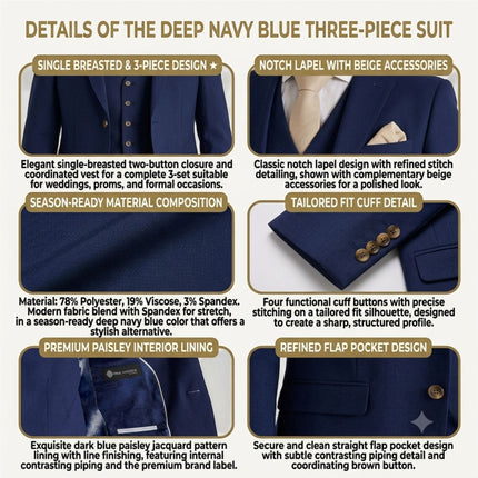 Men's Navy 3 Piece Tailored Fit Formal Suit - Belmont