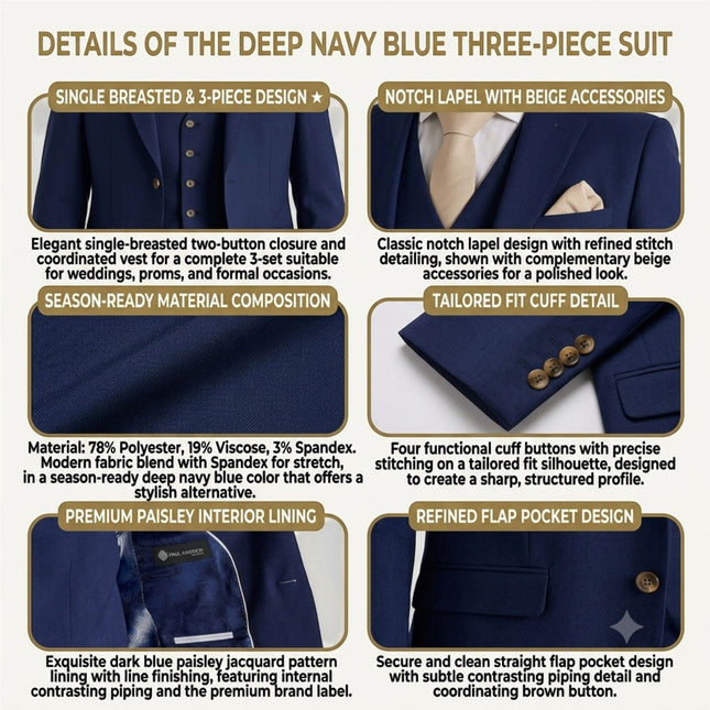 Men's Navy 3 Piece Tailored Fit Formal Suit - Belmont
