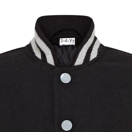 Kids Black Wool Varsity Bomber Jacket with Real Leather Sleeves