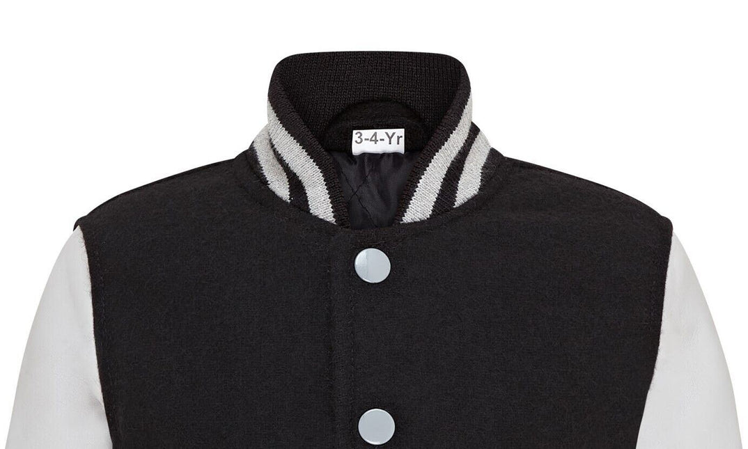 Kids Black Wool Varsity Bomber Jacket with Real Leather Sleeves
