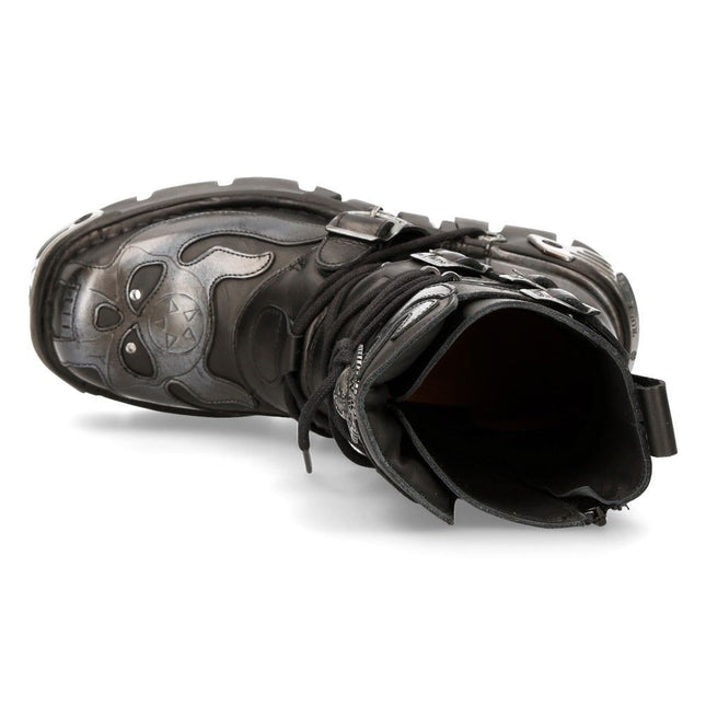 New Rock Flame Accented Black/Silver Leather Biker Boots - 107-S2