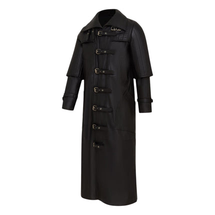 Mens Black Leather Full Length Buckle Gothic Long Trench Coat - Captain
