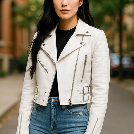 Womens Cropped Brando Leather Biker Jacket-Damascus