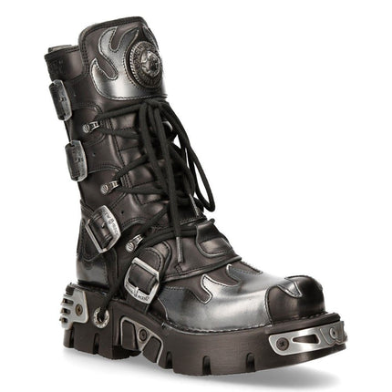 New Rock Flame Accented Black/Silver Leather Boots -591-S2