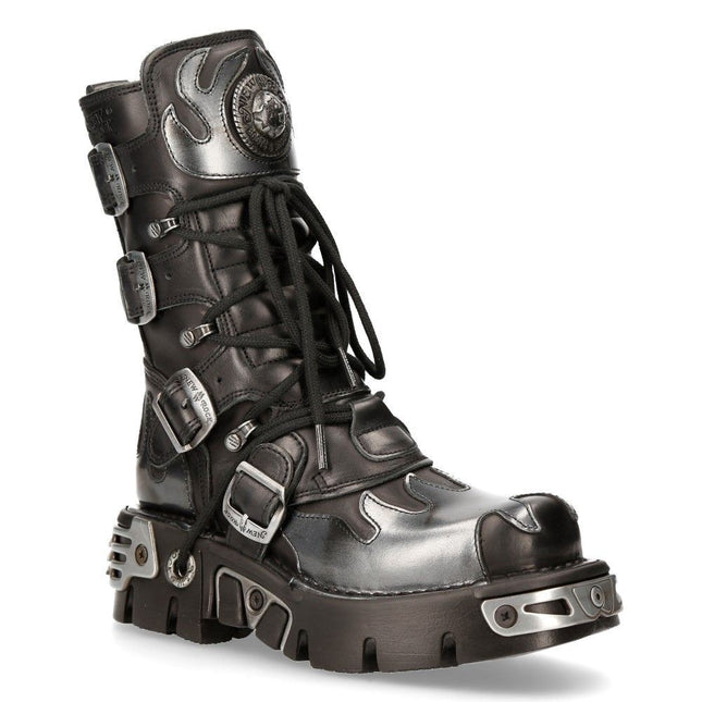 New Rock Flame Accented Black/Silver Leather Boots -591-S2