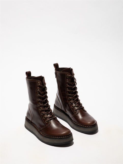 Fly London Womens Brown Rami043 Casual Leather Lace-Up Ankle Dress Boots