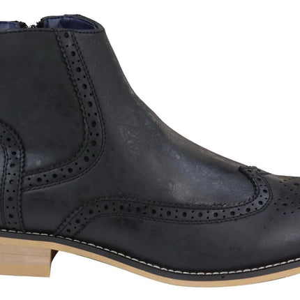 Mens Black Leather Brogue Zip Up Chelsea Boots