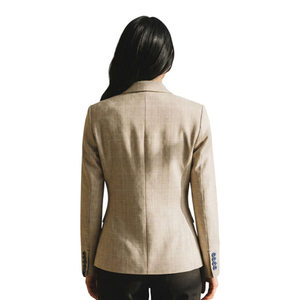 Women's Cream Check Wool Blend Herringbone Tweed Tailored Blazer - Caridi