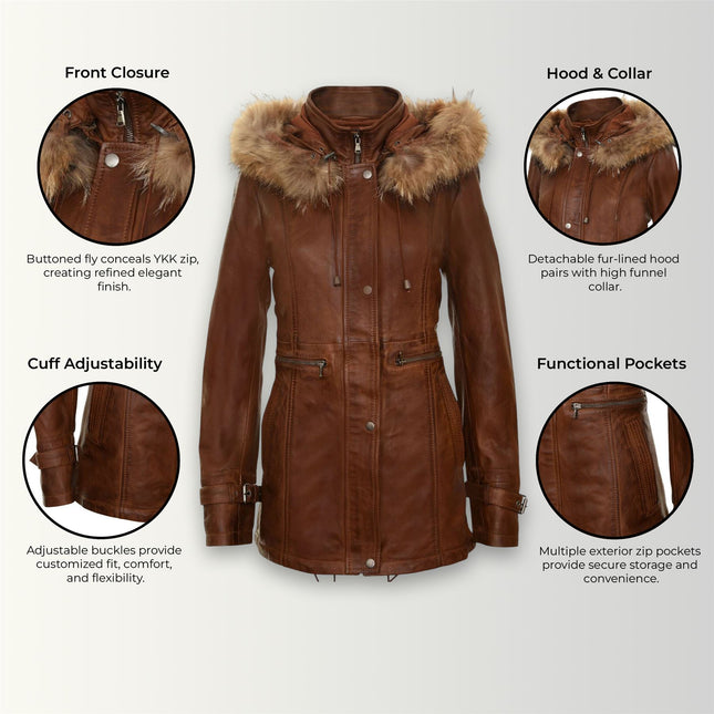 Womens Warm Leather Hooded Parka Jacket-Northwich