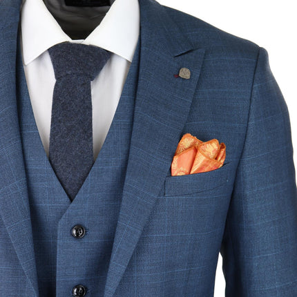 Mens 3 Piece Blue Suit Prince Of Wales Check Classic Light Tailored Fit Modern
