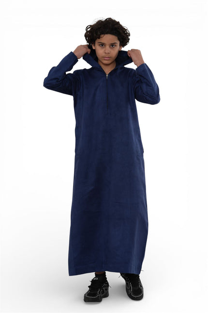Kids Boys Hooded Eid Navy Blue Moroccan Jubba Robe Ramadan Eid Thobe - K-HM12